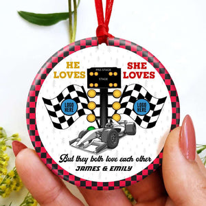 But They Both Love Each Other, Couple Gift, Personalized Ceramic Ornament, Racing Car Couple Ornament, Christmas Gift 02HUTI061023 - Ornament - GoDuckee