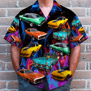 Custom Muscle Car Photo Hawaiian Shirt, Colorful Flame Pattern (New) - Hawaiian Shirts - GoDuckee
