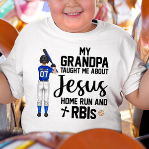 My Dad Taught Me About Jesus Home Run, Gift For Kids, Personalized Shirt, Base Ball Kid Shirt - Shirts - GoDuckee
