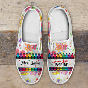 Gift For Teacher, Personalized Slip On Shoes, Crayon Flower Teacher Shoes, Back To School Gift - Shoes - GoDuckee