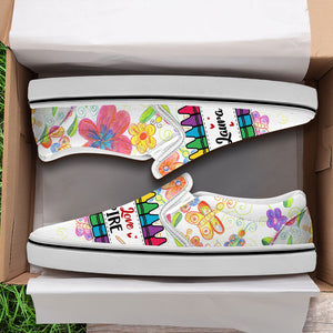 Gift For Teacher, Personalized Slip On Shoes, Crayon Flower Teacher Shoes, Back To School Gift - Shoes - GoDuckee