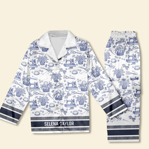 Sewing Toile de Jouy Button Up Pajama Set - Personalized Gift For Sewing Lover Christmas Pajama 06PGLU250925 - Pajama Set - GoDuckee