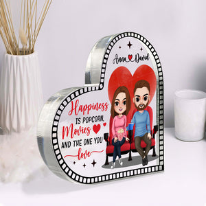 Happiness Is Popcorn Movie And The One You Love, Personalized Heart Shaped Acrylic Plaque - Decorative Plaques - GoDuckee