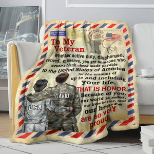Personalized Military Couple Blanket - Because Of You Our World Is Safer Our Lives Better - Stamp Postage - Blanket - GoDuckee