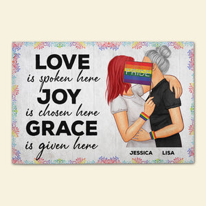 Personalized LGBT Couple Doormat - Love Is Spoken Here - Doormat - GoDuckee