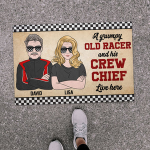 Personalized Racing Couple Doormat - A Grumpy Old Racer And His Crew Chief Live Here - Checkered Theme - Doormat - GoDuckee