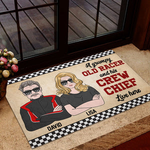 Personalized Racing Couple Doormat - A Grumpy Old Racer And His Crew Chief Live Here - Checkered Theme - Doormat - GoDuckee