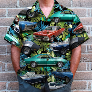 Custom Classic Car Photo Hawaiian Shirt, Tropical Tree Pattern, Summer Gift (Car0107) - Hawaiian Shirts - GoDuckee
