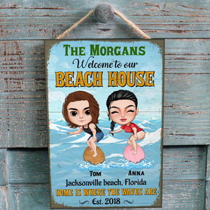 Welcome To Our Beach House Personalized Surfing Couple Metal Sign Gift For Couple - Metal Wall Art - GoDuckee