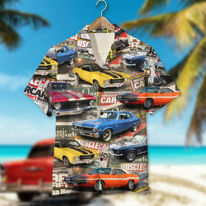 Custom Muscle Car Photo Shirt, Magazine Pattern, Gift For Car Lovers - Hawaiian Shirts - GoDuckee