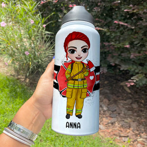 Personalized Female Firefighter Water Bottle - Give A Girl The Right Shoes And She Can Conquer The World - Water Bottles - GoDuckee