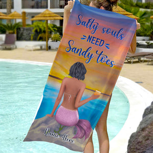 Mermaid Girl, Salty Souls, Sandy Toes - Personalized Beach Towel, Mermaid Towel - Birthday Gifts For Her - Beach Towel - GoDuckee