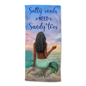 Mermaid Girl, Salty Souls, Sandy Toes - Personalized Beach Towel, Mermaid Towel - Birthday Gifts For Her - Beach Towel - GoDuckee