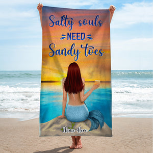Mermaid Girl, Salty Souls, Sandy Toes - Personalized Beach Towel, Mermaid Towel - Birthday Gifts For Her - Beach Towel - GoDuckee