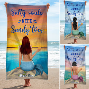 Mermaid Girl, Salty Souls, Sandy Toes - Personalized Beach Towel, Mermaid Towel - Birthday Gifts For Her - Beach Towel - GoDuckee