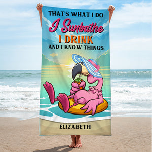 Sunbathin' Drinkin' Flamingo and Know Things - Personalized Beach Towel, Flamingo Towel - Funny Gift For Flamingo Lover - Beach Towel - GoDuckee