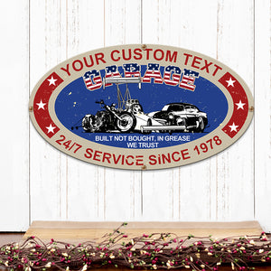 Vintage Drag Racing Metal Sign - Custom Garage's Name and Date - Built Not Bought In Grease We Trust - Metal Wall Art - GoDuckee