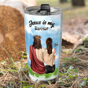 Jesus Is My Savior Personalized Jesus Tumbler Cup Girl Sitting With Jesus - Tumbler Cup - GoDuckee