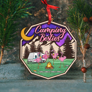 Camping Besties, Flamingo Friends - Personalized Wood Ornament - Ornament - GoDuckee