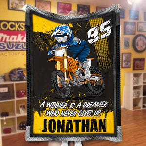 Motocross A Winner Is A Dreamer Who Never Gives Up, Personalized Blanket - Blanket - GoDuckee