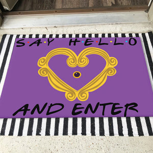 Purple Friends Welcome Mat - Say Hello & Enter - Peephole Frame - Doormat - GoDuckee