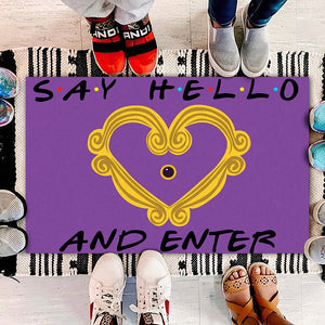 Purple Friends Welcome Mat - Say Hello & Enter - Peephole Frame - Doormat - GoDuckee