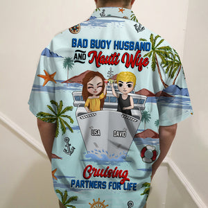 Personalized Cruising Couple Hawaiian Shirt - Bad Buoy Husband And Nauti Wife - Coconut Tree Pattern - Hawaiian Shirts - GoDuckee