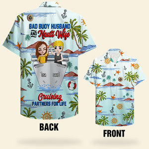 Personalized Cruising Couple Hawaiian Shirt - Bad Buoy Husband And Nauti Wife - Coconut Tree Pattern - Hawaiian Shirts - GoDuckee