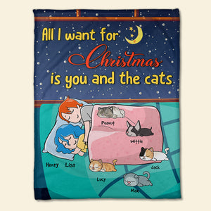 Personalized Cartoon Sleeping Couple & Cat Breeds Blanket - All I Want For Christmas Is You And The Cats - Blanket - GoDuckee
