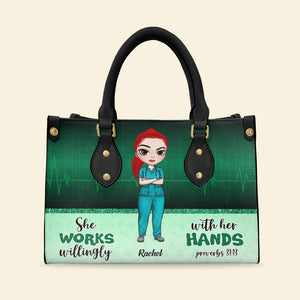 She Works Willingly With Her Hands - Personalized Leather Bag - Gift For Nurse - Leather Bag - GoDuckee