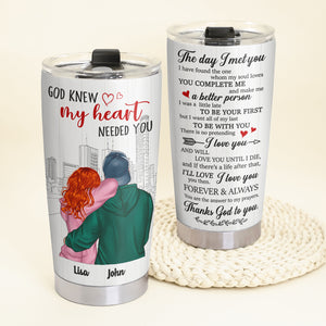 Personalized Hoodie Couple Tumbler - God Knew My Heart Needed You, Couple Hugging Back View - Tumbler Cup - GoDuckee
