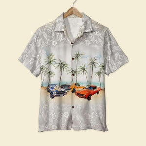 Muscle Car With Flower And Palm Tree Background - Personalized Hawaiian Shirt, Aloha Shirt Hawaiian Shirt - Hawaiian Shirts - GoDuckee