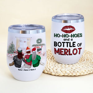 Personalized Sweater Girls Wine Tumbler - Ho Ho Hoes and a Bottle of Merlot - Christmas Theme - Wine Tumbler - GoDuckee