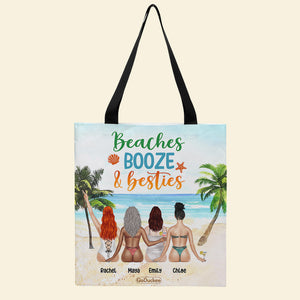 Beaches Booze & Besties - Personalized Tote Bag - Gift For Friends/Besties - Summer Friends Sitting Together Back View frd2104 - Tote Bag - GoDuckee