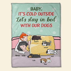 Personalized Cartoon Sleeping Couple & Dog Breeds Blanket - It's Cold Outside - Blanket - GoDuckee