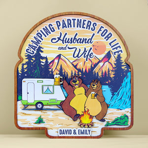 Camping Partner For Life Husband And Wife Personalized Camping Couple Layered Wood Sign Stand - Wood Sign - GoDuckee