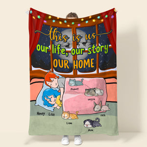 Personalized Cartoon Sleeping Couple & Cat Breeds Blanket - This Is Us Our Life Our Story Our Home - Blanket - GoDuckee
