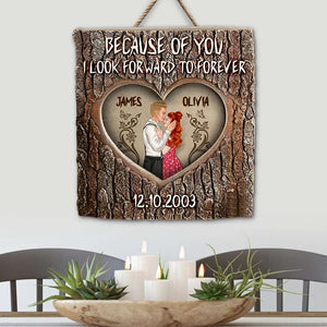 Because Of You - Romantic Couple Wood Sign, Personalized Layered Wood Sign - Anniversary Gift For Couple - Wood Sign - GoDuckee
