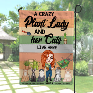 Personalized Gifts For A Crazy Plant Lady. Gardening Doll Girls, And Her Cats Live Here Custom Flag - Flag - GoDuckee