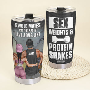 Personalized Gym Couple Tumbler - Sex Weights & Protein Shakes, Gym Couple Hugging Back View - Tumbler Cup - GoDuckee