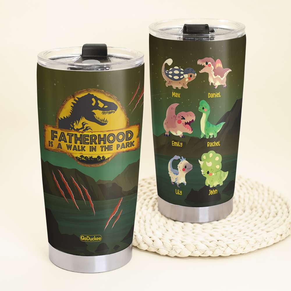 Fatherhood Is A Walk In The Park Jurassic W. - Personalized Tumbler Cup - Father's Day Gifts For Dad - Dinosaur Dad and Dino Kids - Tumbler Cup - GoDuckee