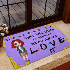 Personalized Teacher Dolls - Classroom Welcome Mat - You're Gonna Love It - Purple Friends Door - Doormat - GoDuckee
