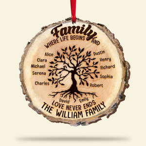 Where Life Begins And Love Never Ends, Personalized Family Tree Wood Ornament - Ornament - GoDuckee