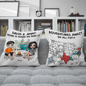 Personalized Camping Pillow Couple Drinking Beside Bonfire - Pillow - GoDuckee