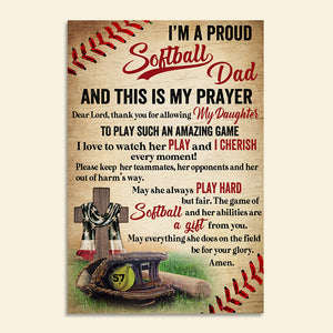 Vintage American Softball Poster - Custom Name, Number - I'm A Proud Softball Dad - Baseball Equipment & Cross - Poster & Canvas - GoDuckee