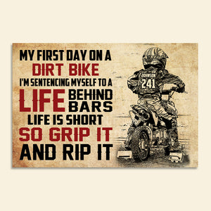 Vintage Motocross Poster - Custom Name, Number - My First Day On A Dirt Bike - Grip It and Rip It - Poster & Canvas - GoDuckee