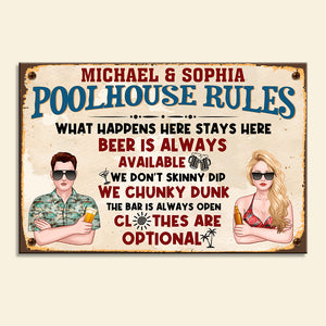 Personalized Pool Couple Printed Metal Sign - Poolhouse Rules - Metal Wall Art - GoDuckee