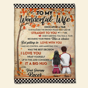 Personalized Racing Couple Blanket - To My Wonderful Wife - Checkered Autumn Background - Blanket - GoDuckee