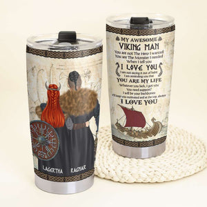 Personalized Viking Couple Tumbler - My Awesome Viking Man - Viking Couple Hugging Back View - Tumbler Cup - GoDuckee