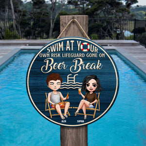 Personalized Swimming Round Wooden Sign Couple Drinking At Swimming Pool - Wood Sign - GoDuckee